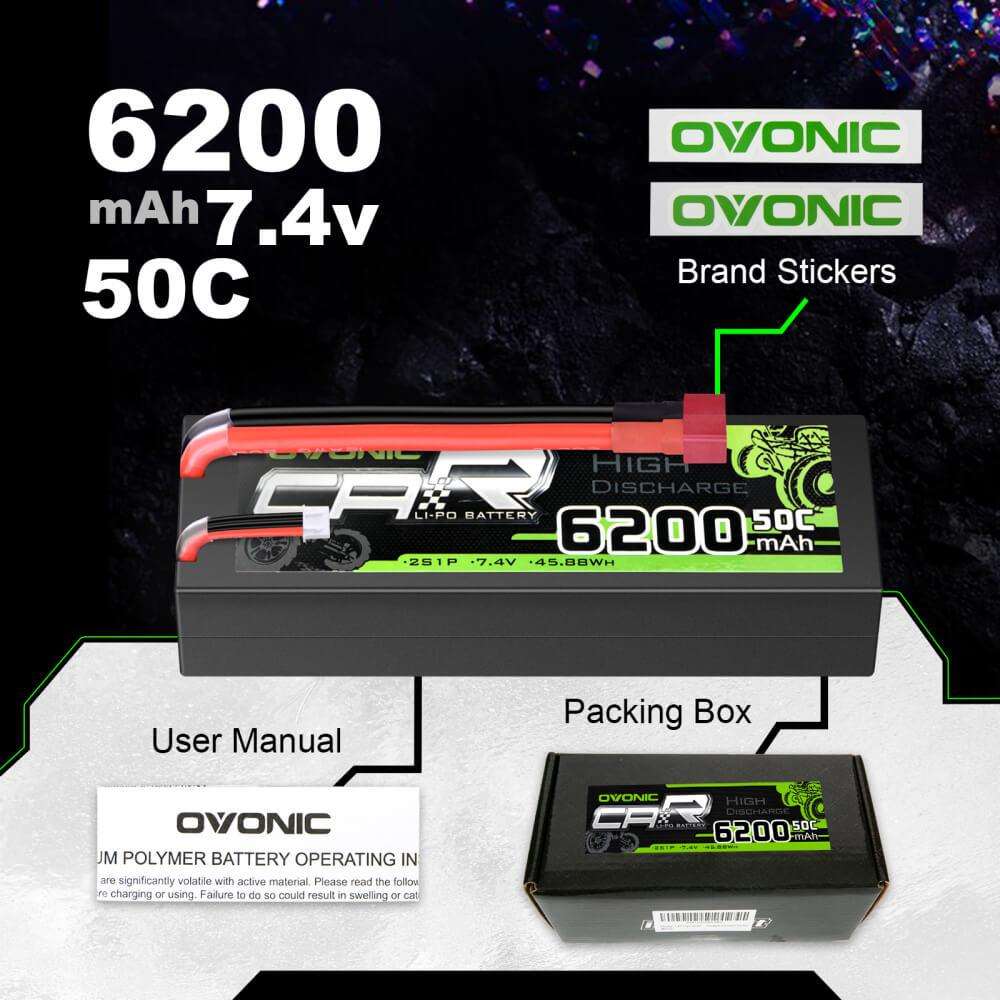 2×OVONIC 7.4V 6200mAh 2S1P 50C Hardcase Lipo Battery with Deans Plug for RC 1/8 car