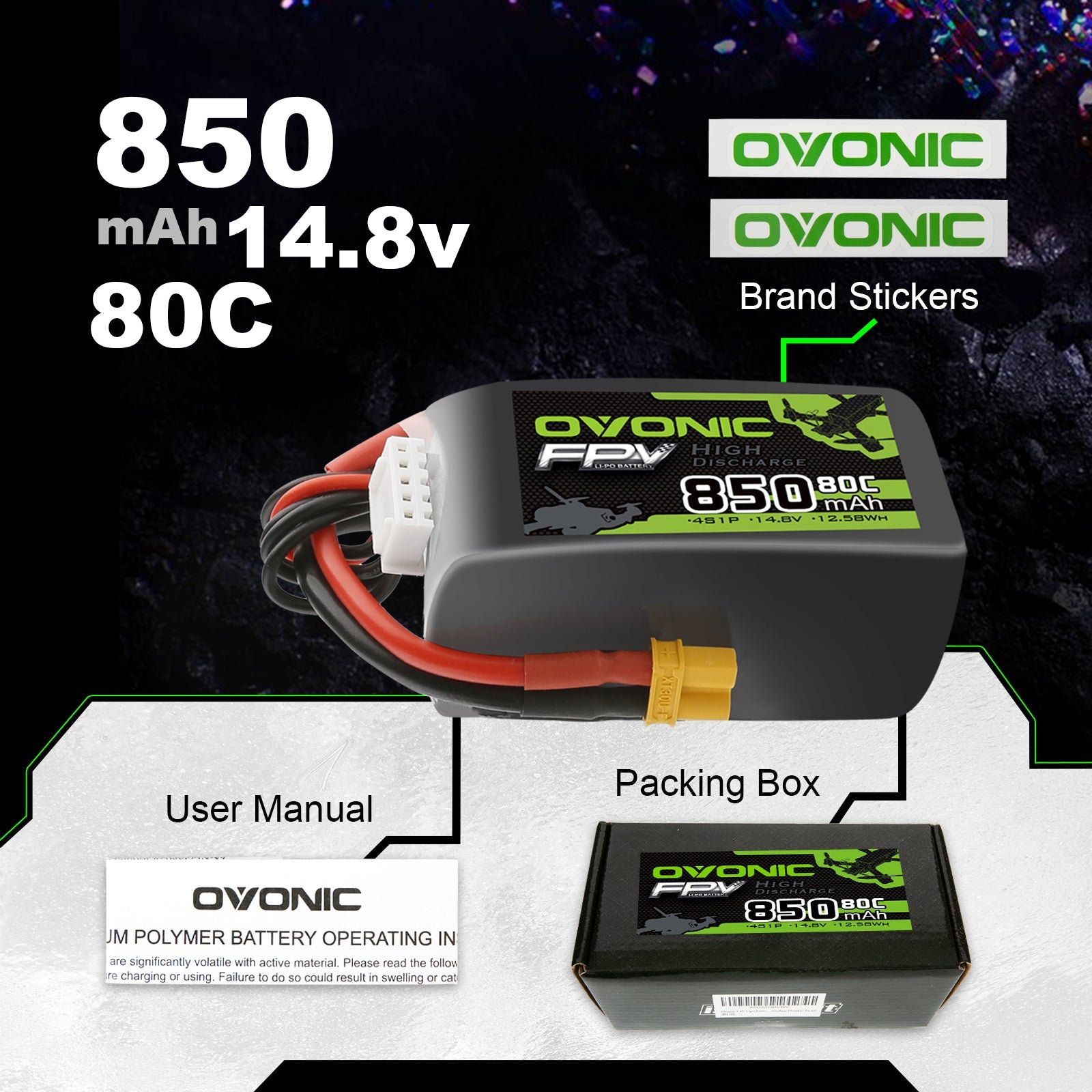 Ovonic 4S 850mAh Lipo Battery 80C 14.8V for FPV