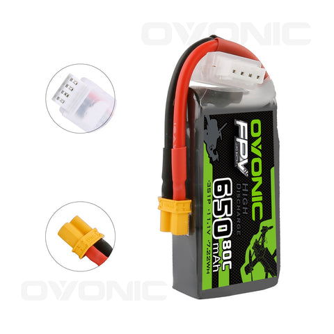 [4 Packs]Ovonic 650mah 3S 11.1V 80C Lipo Battery Pack with XT30 Plug for Small FPV - Ampow