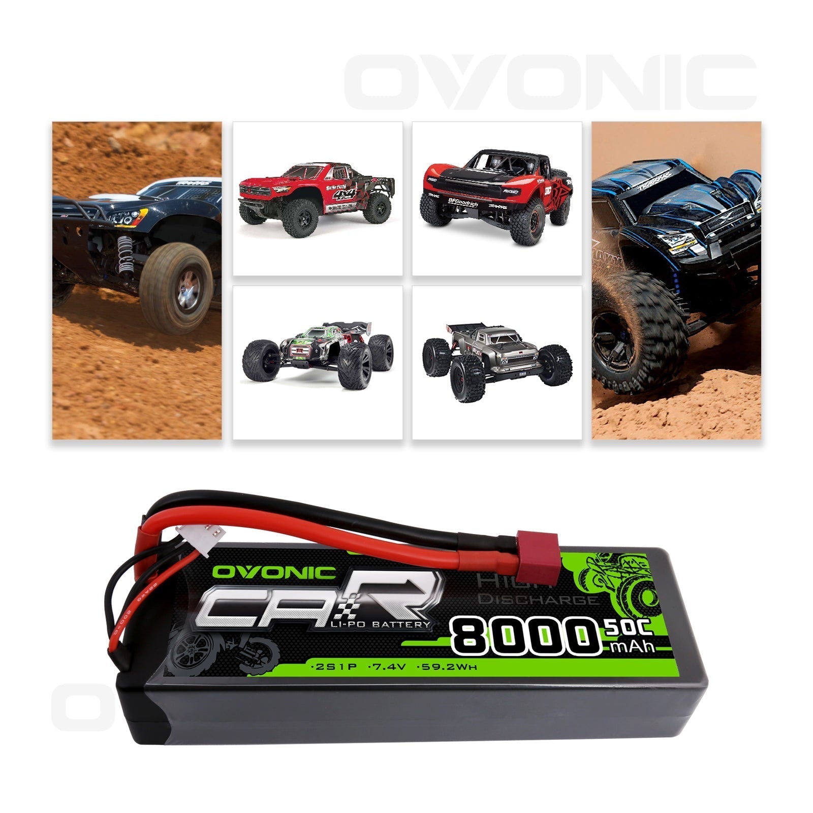 OVONIC 2S LiPo Battery Pack 8000mAh 50C 7.4V Hardcase with Deans Plug for 1/10 Scale RC Car RC Truck RC Buggy