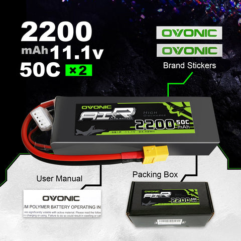 2×Ovonic 3S LiPo Battery 2200mAh 50C 11.1V with XT60 Plug for 1100mm-1500mm RC Plane