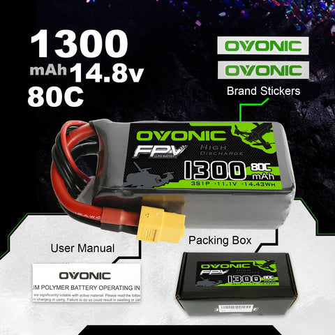 Ovonic 3S Lipo Battery Pack 1300mAh 80C 11.1V with XT60 Plug for FPV Drone