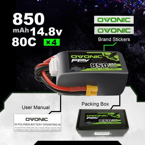 Ovonic 4S 850mAh Lipo Battery 80C 14.8V for FPV