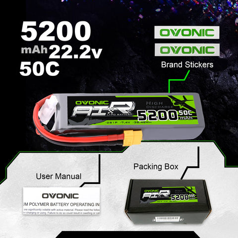 OVONIC 2S LiPo Battery Pack 5200mAh 50C 7.4V with XT60 Plug fo RC Truck RC Buggy