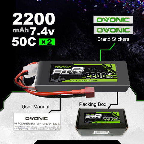 2×OVONIC 2S LiPo Battery Pack 2200mAh 50C 7.4V with Deans Plug