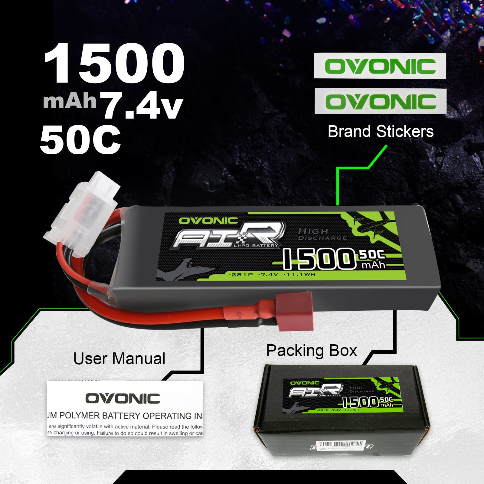 OVONIC 2S LiPo Battery Pack 1500mAh 50C 7.4V with Deans Plug for Foamy RC Planes 1/16 Scale RC Car