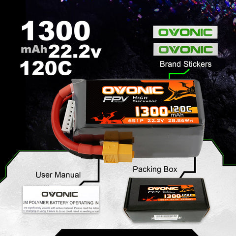 Ovonic 6S LiPo Battery Pack 1300mAh 20C 22.2V FPV Battery with XT60 Plug for FPV Racing Drone