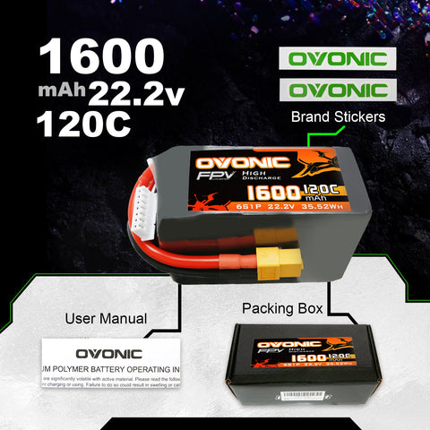 4×Ovonic 120C 6S 1600mAh LiPo Battery 22.2V for FPV Racing with XT60 Plug