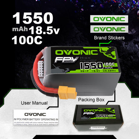 OVONIC 5S LiPo Battery Pack 1550mAh 100C 18.5V with XT60 Plug for Mini FPV Drone Quadcopter Drone