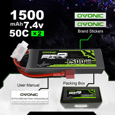 2×OVONIC 2S Lipo Battery Pack 1500mAh 50C 7.4V with Dean Plug for RC Airplane