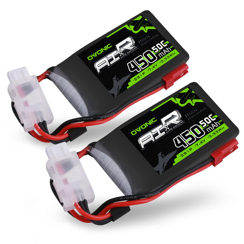 2×OVONIC 2S LiPo Battery 450mAh 50C 7.4V with JST Plug for Small Helicopter