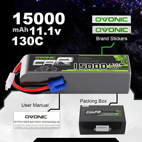 2 × OVONIC 3S Lipo Battery 15000mAh 130C 11.1V RC Lipo Battery with EC5 Plug for 1/8 RC Truck RC Vehicles Car