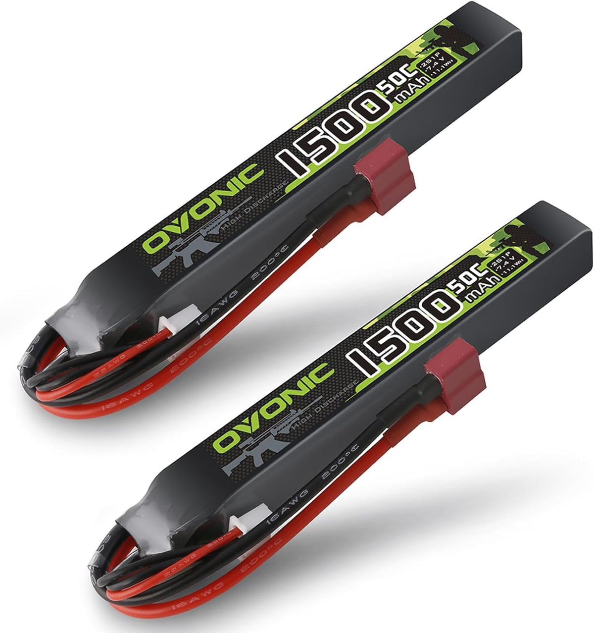 2 × OVONIC 2S Lipo Battery 1500mAh 2S1P 50C 7.4V Airsoft Lipo Battery Softcase with T Plug for Airsoft Airgun M4