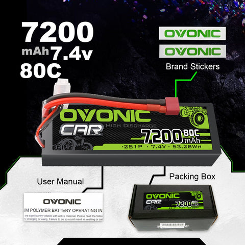 OVONIC 2S Lipo Battery 80C 7200mAh 7.4V Lipo Battery with Dean-Style T Connector for for 1/8 1/10 RC Car Truck Boat Vehicles