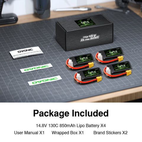 4-Pack Ovonic Force 4S 850mAh 130C 14.8V High C-Rate LiPo Battery w/XT30 Plug for FPV Quad, Freestyle Drone & Micro Jet
