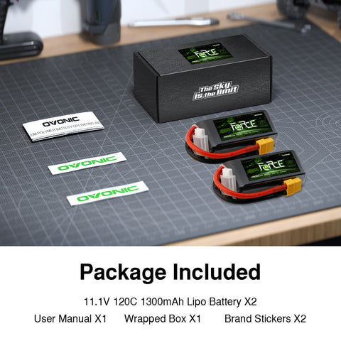 2-Pack Ovonic Force 3S 1300mAh 120C 11.1V LiPo Battery w/XT60 Plug for 5" FPV Drone, Glider & RC Helicopter