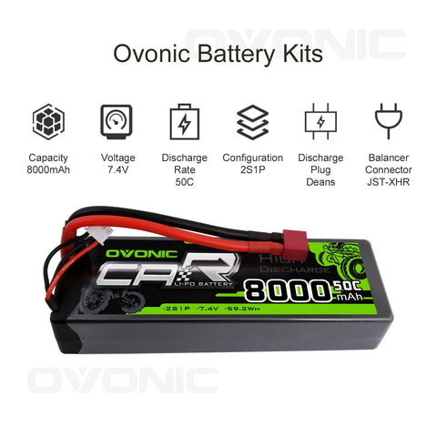 OVONIC 2S LiPo Battery Pack 8000mAh 50C 7.4V Hardcase with Deans Plug for 1/10 Scale RC Car RC Truck RC Buggy