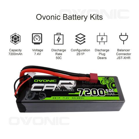 OVONIC 2S LiPo Battery Pack 7200mAh 50C 7.4V Hardcase with Deans Plug for RC Crawler RC Truck RC Buggy