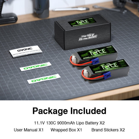 2-Pack Ovonic Force 3S 9000mAh 130C 11.1V LiPo Battery w/EC5 Plug for 1/8 RC Monster Truck, Truggy & Long Runtime Bashers