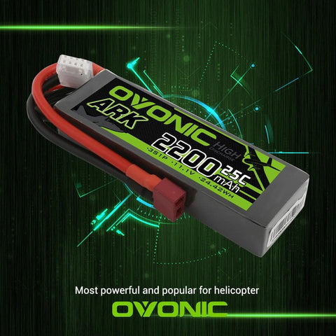 [2 Packs] OVONIC ARK series 11.1V 2200mAh 3S 25C Lipo Battery with Deans for Glider, Park flyer - Ampow