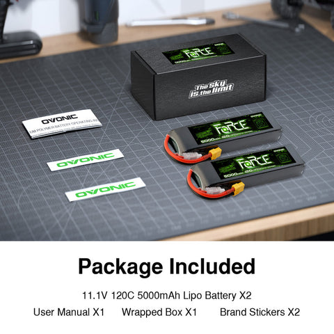 2-Pack Ovonic Force 3S 5000mAh 120C 11.1V LiPo Battery w/ XT60 to TRA Adapter for 1/10 RC Bashers, .50 Class Plane & 550 Heli