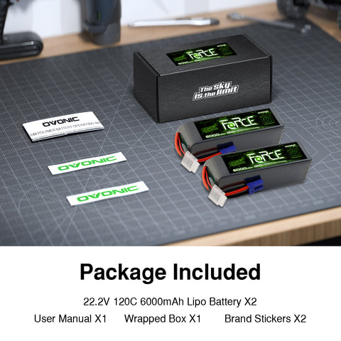 2-Pack Ovonic Force 6S 6000mAh 120C 22.2V LiPo Battery w/ EC5 Plug & Checker for Arrma Outcast, 90mm EDF Jet & Long Flight