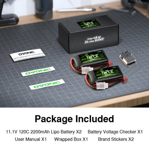 2-Pack Ovonic Force 3S 2200mAh 120C 11.1V Short LiPo Battery w/Deans Plug for 1/10 Race Buggy & On-Road Car (Voltage Checker Included)