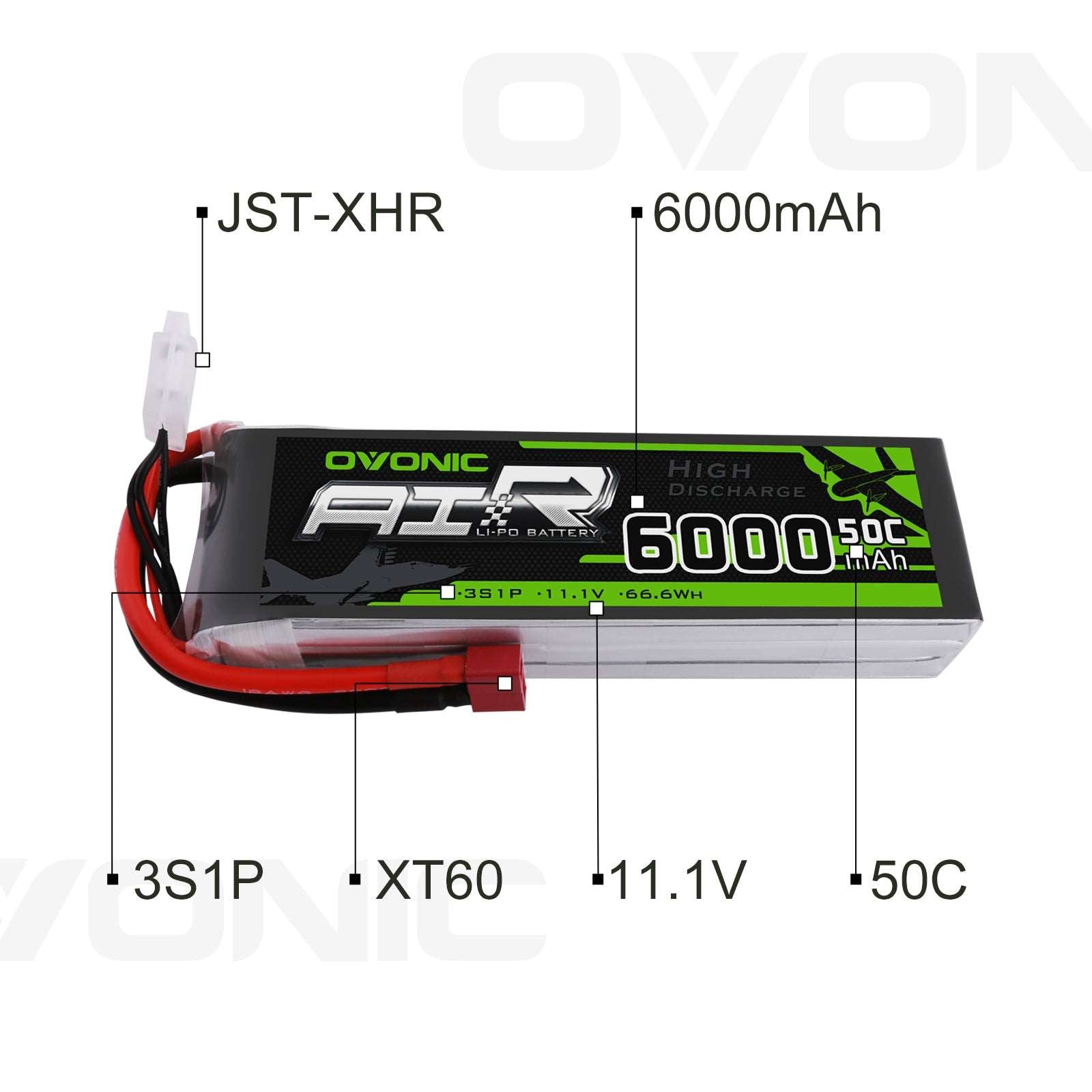 OVONIC 3S LiPo Battery Pack 6000mAh 50C 11.1V with Deans Plug for FPV Drone RC Car RC Boat - Ampow