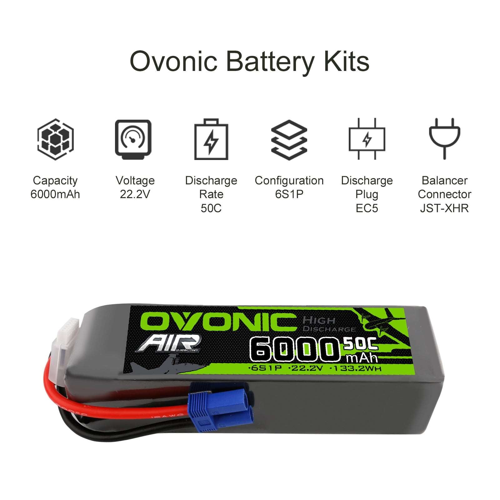 Ovonic 6000mah 6S 22.2V 50C Lipo Battery Pack with EC5 Plug for Airplane&Heli Car - Ampow