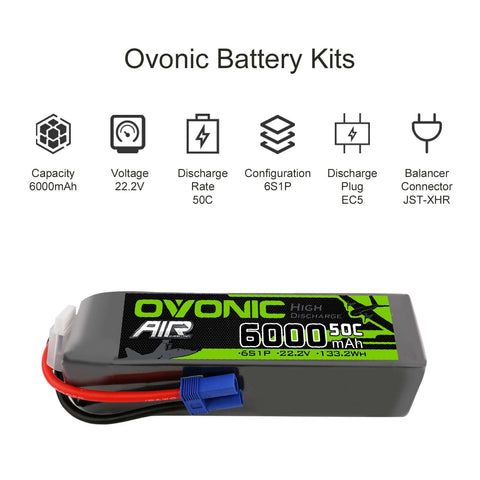 Ovonic 6000mah 6S 22.2V 50C Lipo Battery Pack with EC5 Plug for Airplane&Heli Car - Ampow