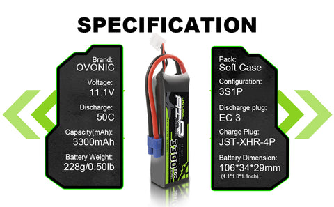 Ovonic 3300mah 11.1V 50C 3S LiPo Battery Pack with EC3 Plug for RC Airplanes Helicopters