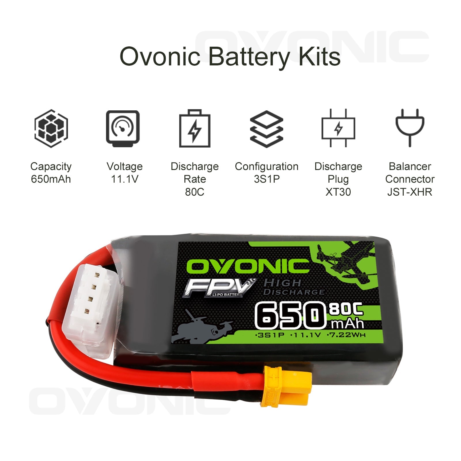 [4 Packs]Ovonic 650mah 3S 11.1V 80C Lipo Battery Pack with XT30 Plug for Small FPV - Ampow