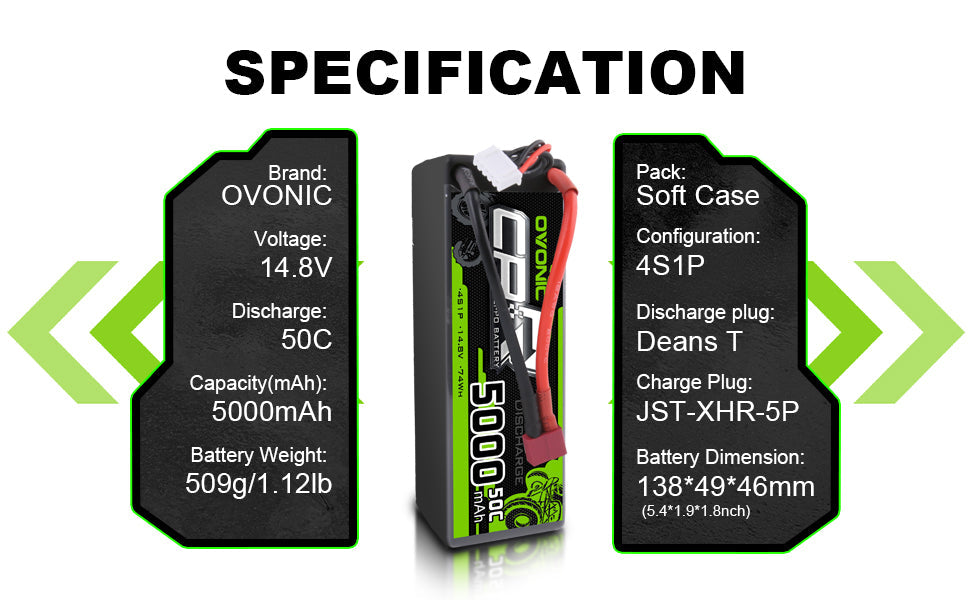 OVONIC 4S LiPo Battery Pack 5000mAh 50C 14.8V Hardcase with Deans Plug for 1/8 RC Buggy HPI RC Truck