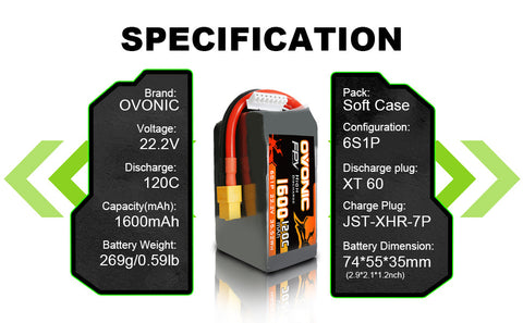 4×Ovonic 120C 6S 1600mAh LiPo Battery 22.2V for FPV Racing with XT60 Plug