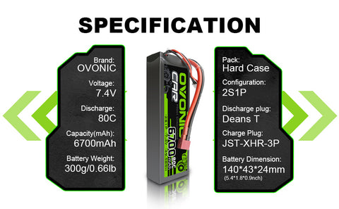 Ovonic 80C 6700mAh 2S 7.4V Hardcase LiPo Battery for 1/10 Stampede Slash Car(2packs) - Deans Plug