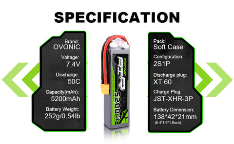 OVONIC 2S LiPo Battery Pack 5200mAh 50C 7.4V with XT60 Plug for RC Buggy