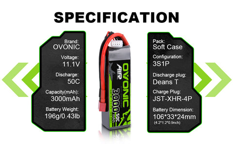 OVONIC 3S LiPo Battery Pack 3000mAh 50C 11.1V with Deans Plug for RC Crawler RC Truck