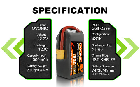 Ovonic 6S LiPo Battery Pack 1300mAh 20C 22.2V FPV Battery with XT60 Plug for FPV Racing Drone