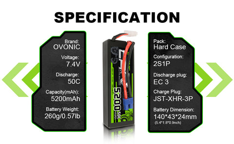 OVONIC 7.4V 5200mAh 2S1P 50C Hardcase Lipo Battery 24# with XT60 Plug for RC Car Trucks