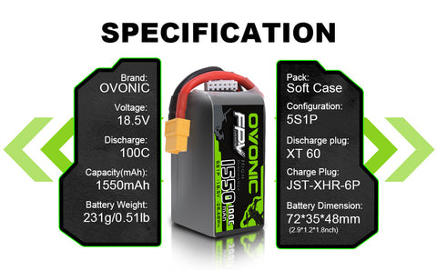 OVONIC 5S LiPo Battery Pack 1550mAh 100C 18.5V with XT60 Plug for Mini FPV Drone Quadcopter Drone