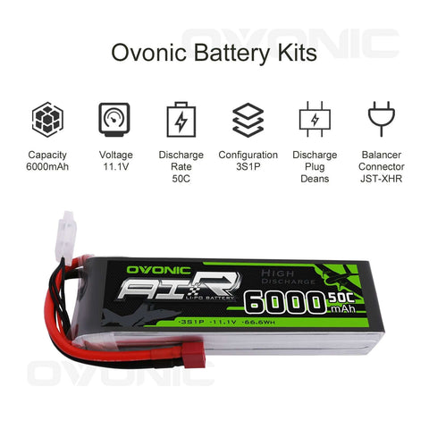 OVONIC 3S LiPo Battery Pack 6000mAh 50C 11.1V with Deans Plug for FPV Drone RC Car RC Boat - Ampow