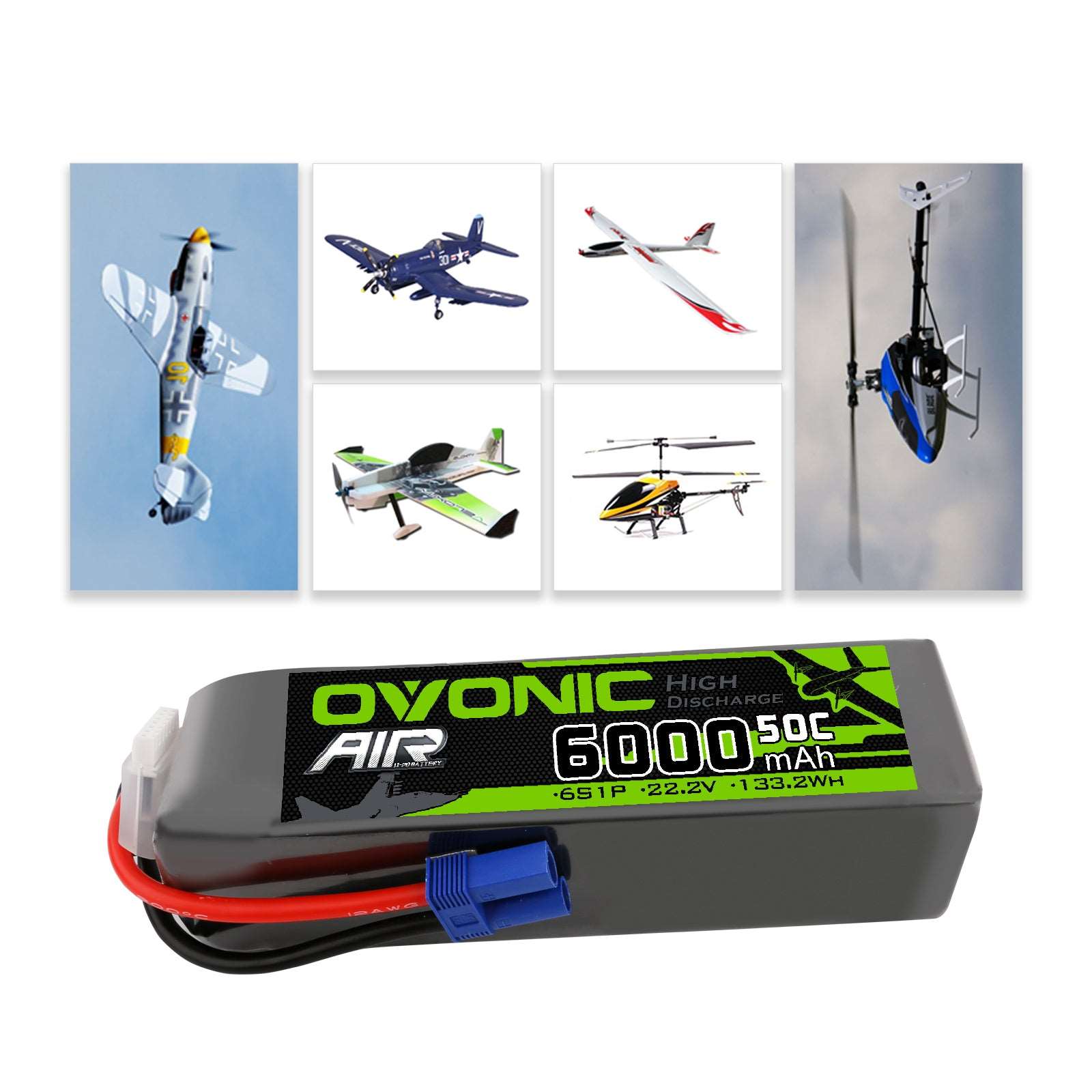 Ovonic 6000mah 6S 22.2V 50C Lipo Battery Pack with EC5 Plug for Airplane&Heli Car - Ampow