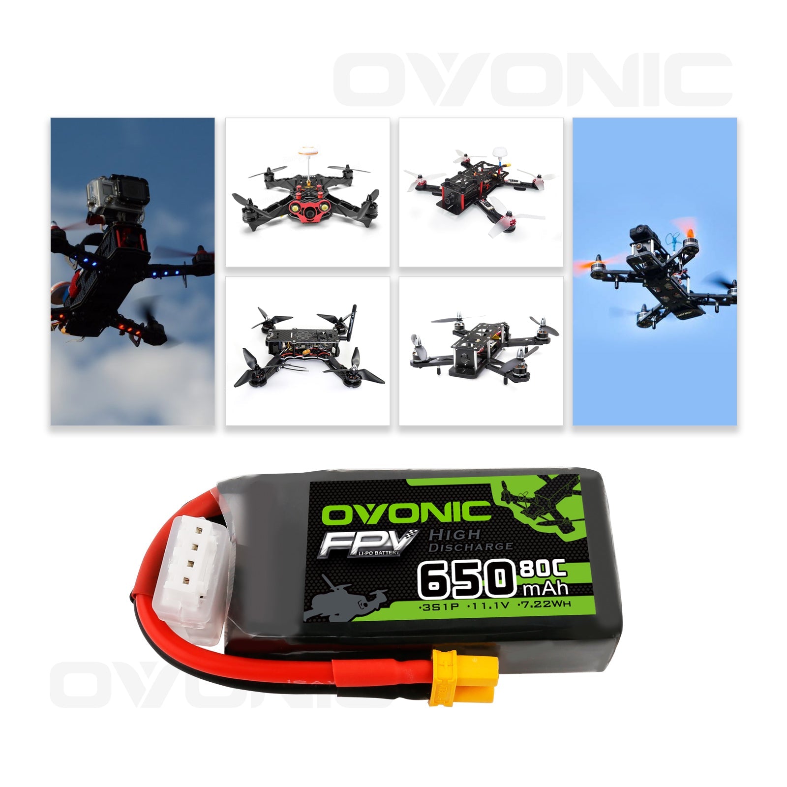 [4 Packs]Ovonic 650mah 3S 11.1V 80C Lipo Battery Pack with XT30 Plug for Small FPV - Ampow