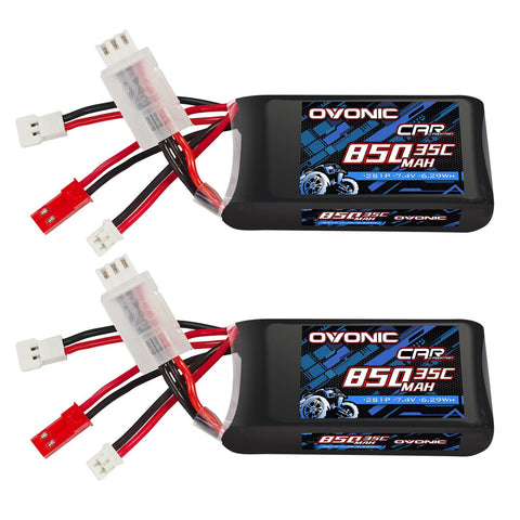 2-Pack Ovonic 2S 850mAh 7.4V 35C LiPo Battery with PH2.0 MX JST Plugs & USB Charger for Mini RC