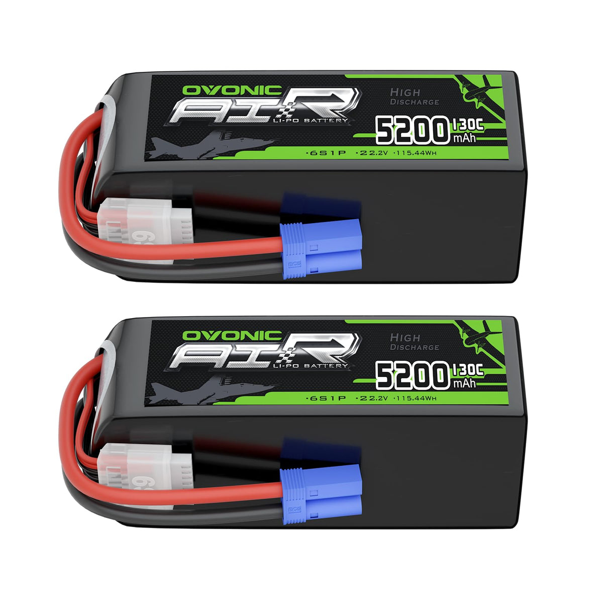 2-Pack OVONIC 6S 5200mAh 22.2V 130C LiPo Battery with EC5 Plug for ARRMA 6S Kraton Mojave 1/8 RC Car EDF Jet Airplane
