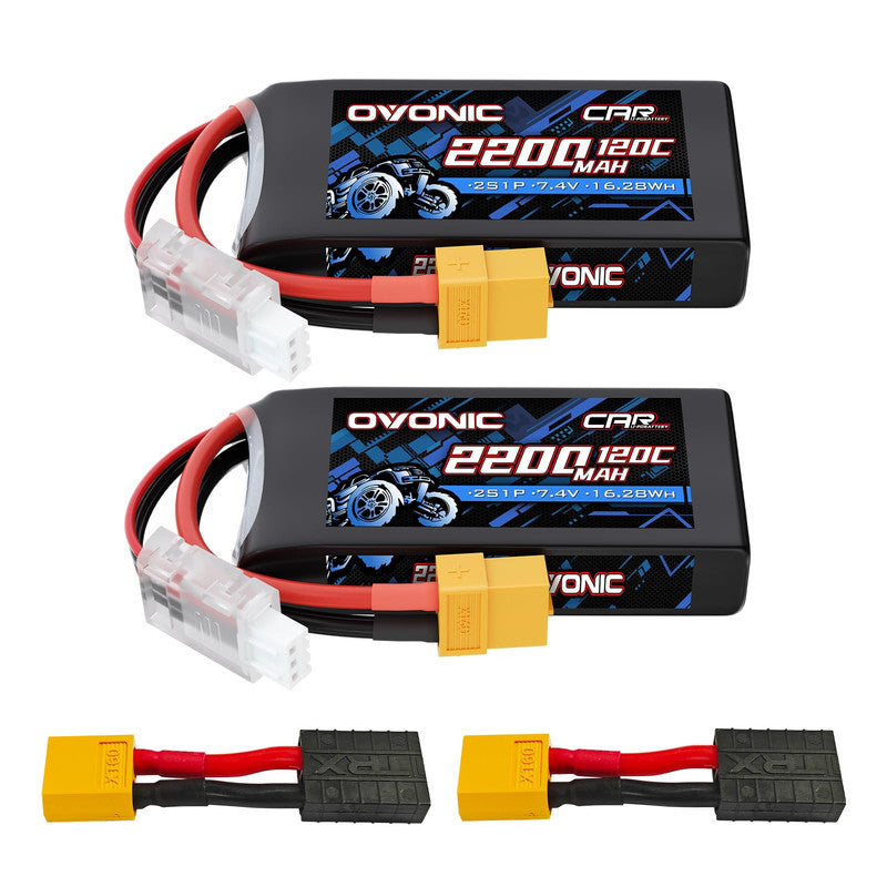 2-Pack Ovonic 2S 2200mAh 7.4V 120C LiPo Battery with XT60 to TRA Plug for RC Truck Airplane