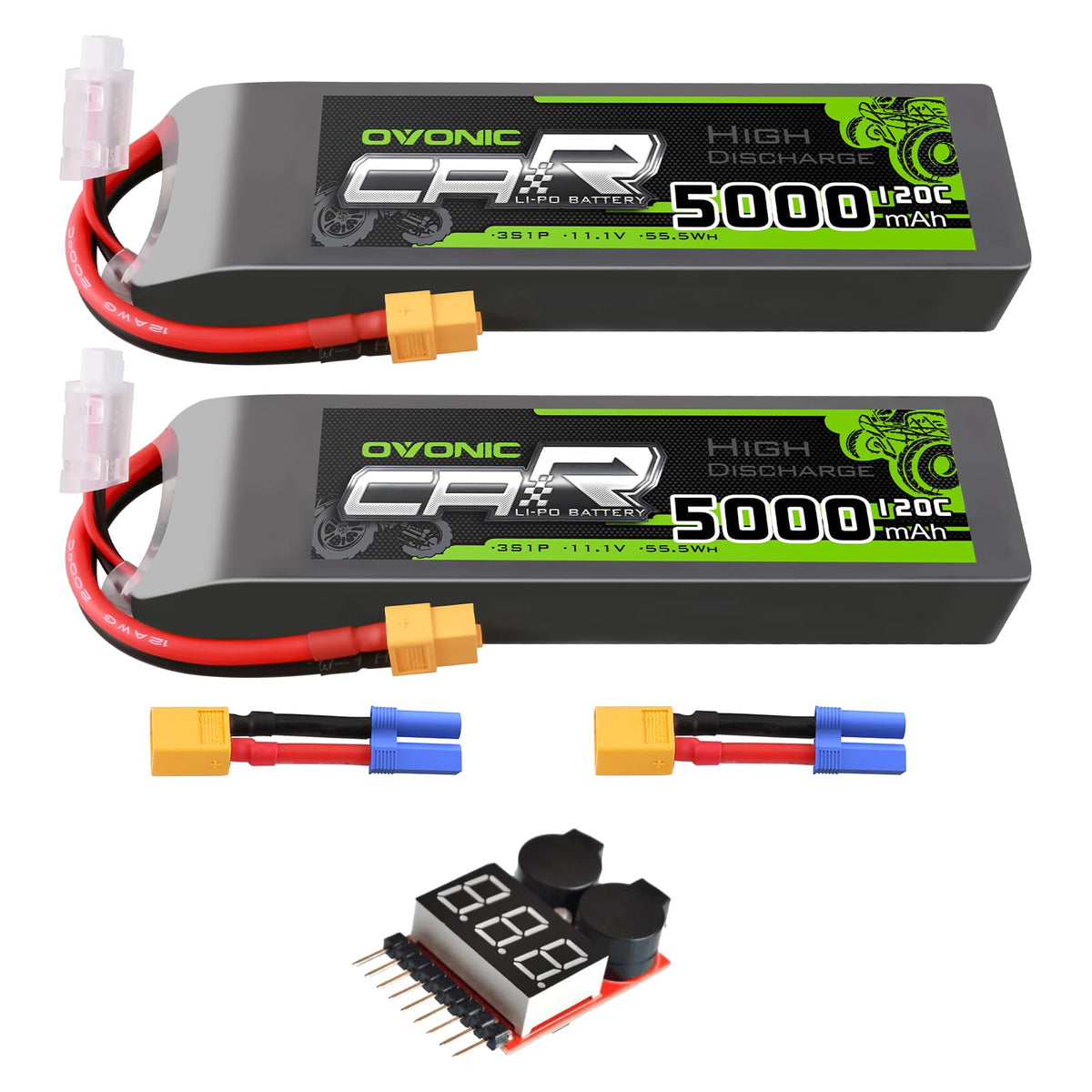2 x OVONIC 11.1V 120C 5000mAh 3S Lipo Battery with EC5 Plug & Lipo Voltage Checker for 1/8 & 1/10 Scale RC Car Truck Boat RC Airplane Helicopter RC Vehicles