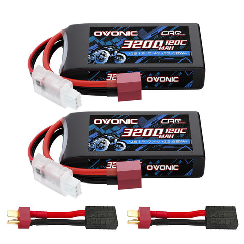 2-Pack Ovonic 2S 3200mAh 7.4V 120C LiPo Battery with Dean-Style T to TRA Plug for RC Truck Car