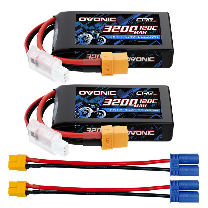 2-Pack Ovonic 2S 3200mAh 7.4V 120C LiPo Battery with XT60 to EC5 Plug for RC Boat Airplane