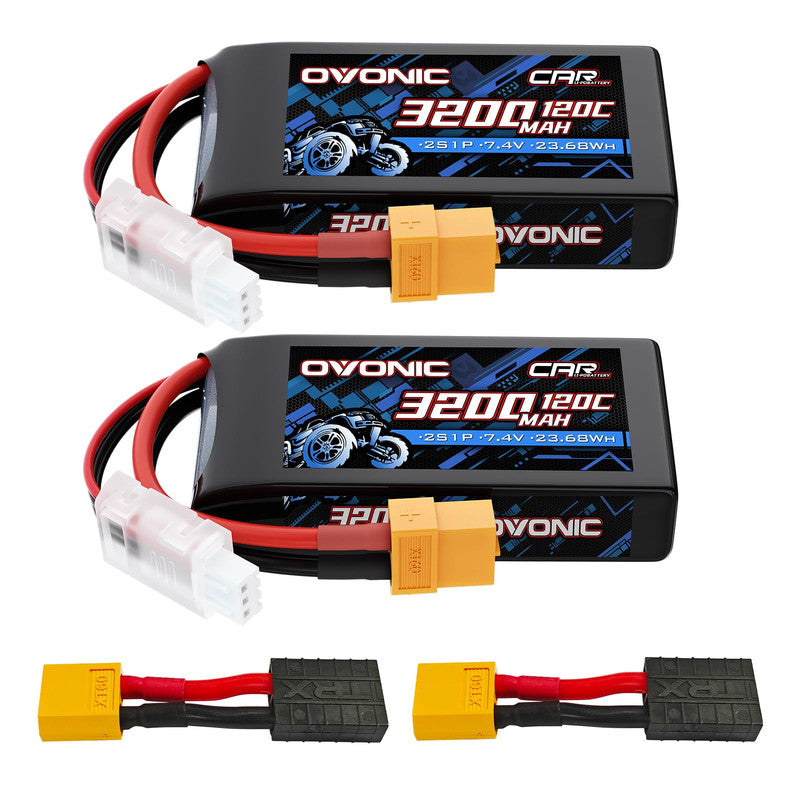 2-Pack Ovonic 2S 3200mAh 7.4V 120C LiPo Battery with XT60 to TRA Plug for RC Truck Car